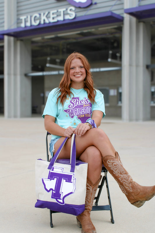 Licensed Tarleton State University Canvas Tote Bag – Large Zip Top Texans Tote with Chenille T Patch – 18” x 14”