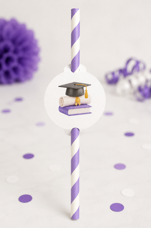 Purple Striped Paper Straws with Graduation Sliders | 10 Graduation Party Straws