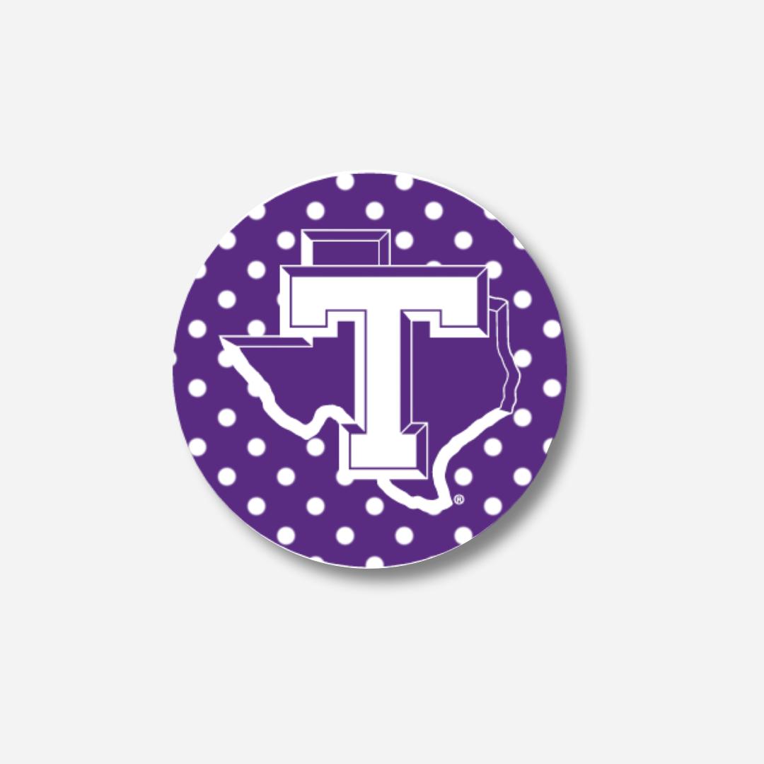 Licensed Tarleton State University 3" Purple Polka Dot Game Day Button Pin | Texans Spirit Accessory