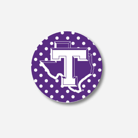 Licensed Tarleton State University 3" Purple Polka Dot Game Day Button Pin | Texans Spirit Accessory