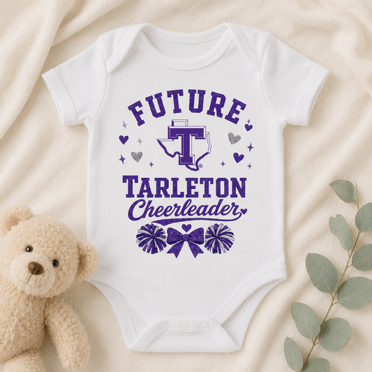Future Tarleton Cheerleader Baby Onesie – Licensed Tarleton Infant Bodysuit – Purple Glitter Cheer Baby Outfit