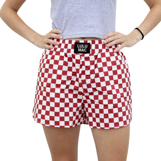 Cardinal Red & White Check Boxer Shorts | Game Day Lounge Shorts | Women’s Relaxed Fit
