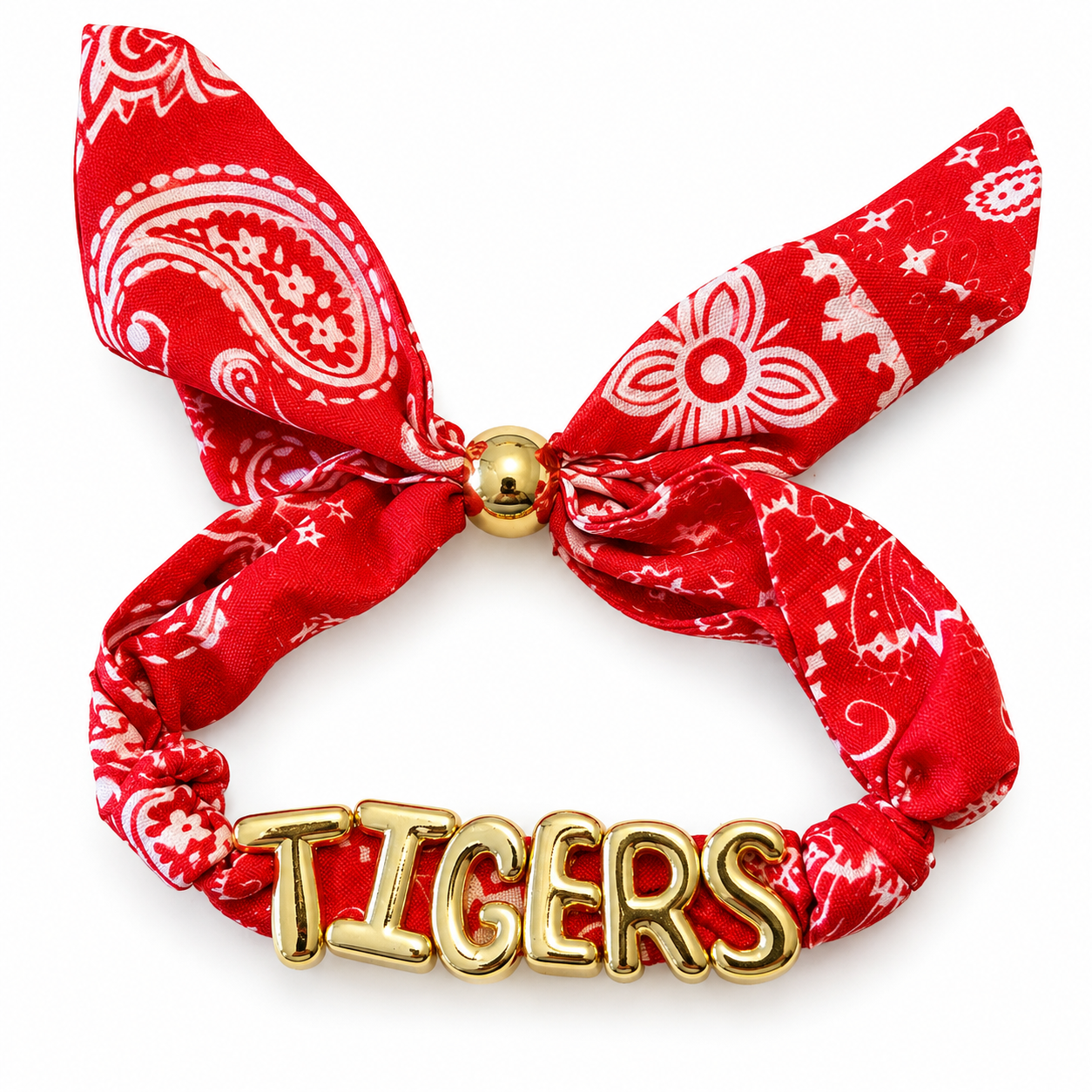 Red paisley bandana bow stretch bracelet with gold TIGERS bubble letters and gold bead