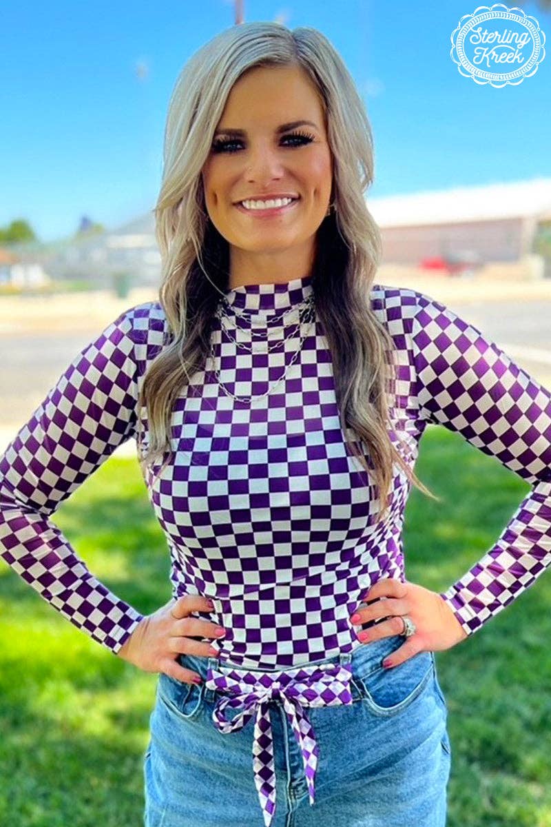 Spirit Wear Mesh Top – Purple & White Checkered | Game Day Outfit | Breathable Long Sleeve