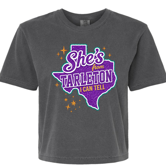 Comfort Colors® Boxy Tee – “She’s From Tarleton I Can Tell” Graphic T-Shirt | Orchid, Pepper & Chalky Mint