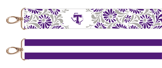 Tarleton Inspired Purse Strap – Purple & White Adjustable Bag Strap | Floral Pattern & Stripes | Desden