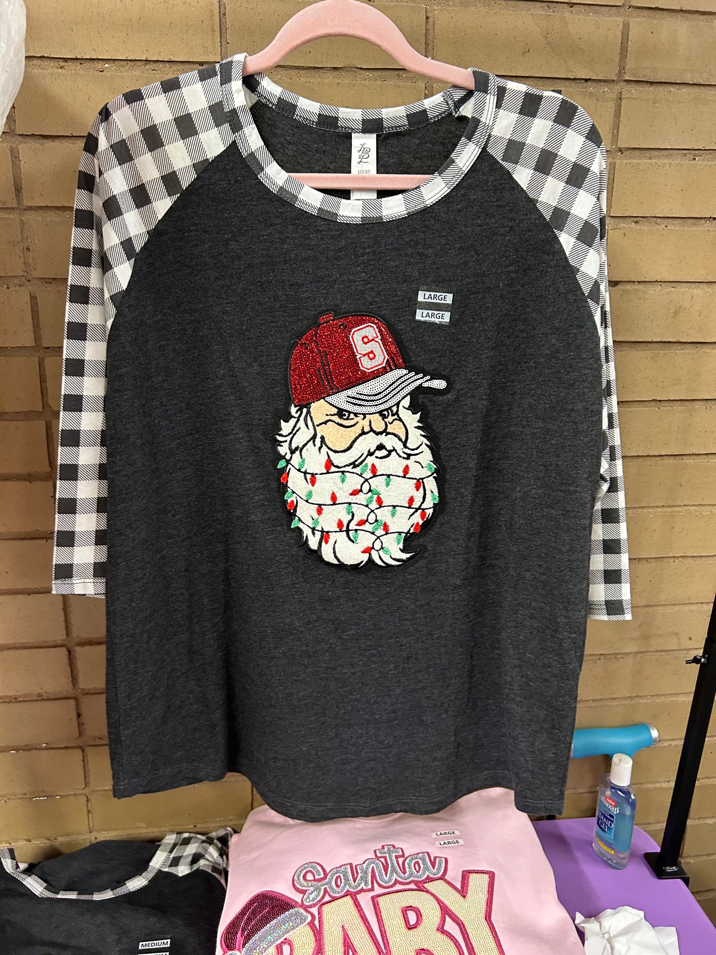 Plaid Sleeve Santa Raglan – Glitter Hat & Christmas Lights Beard Shirt