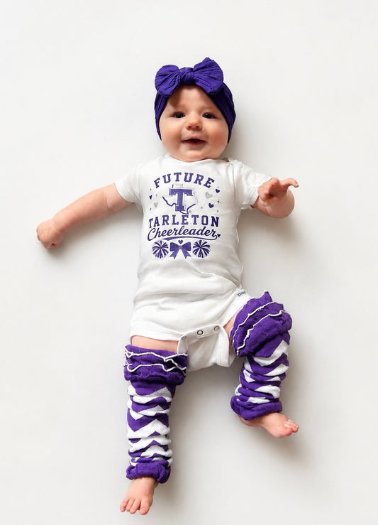 Future Tarleton Cheerleader Baby Onesie – Licensed Tarleton Infant Bodysuit – Purple Glitter Cheer Baby Outfit