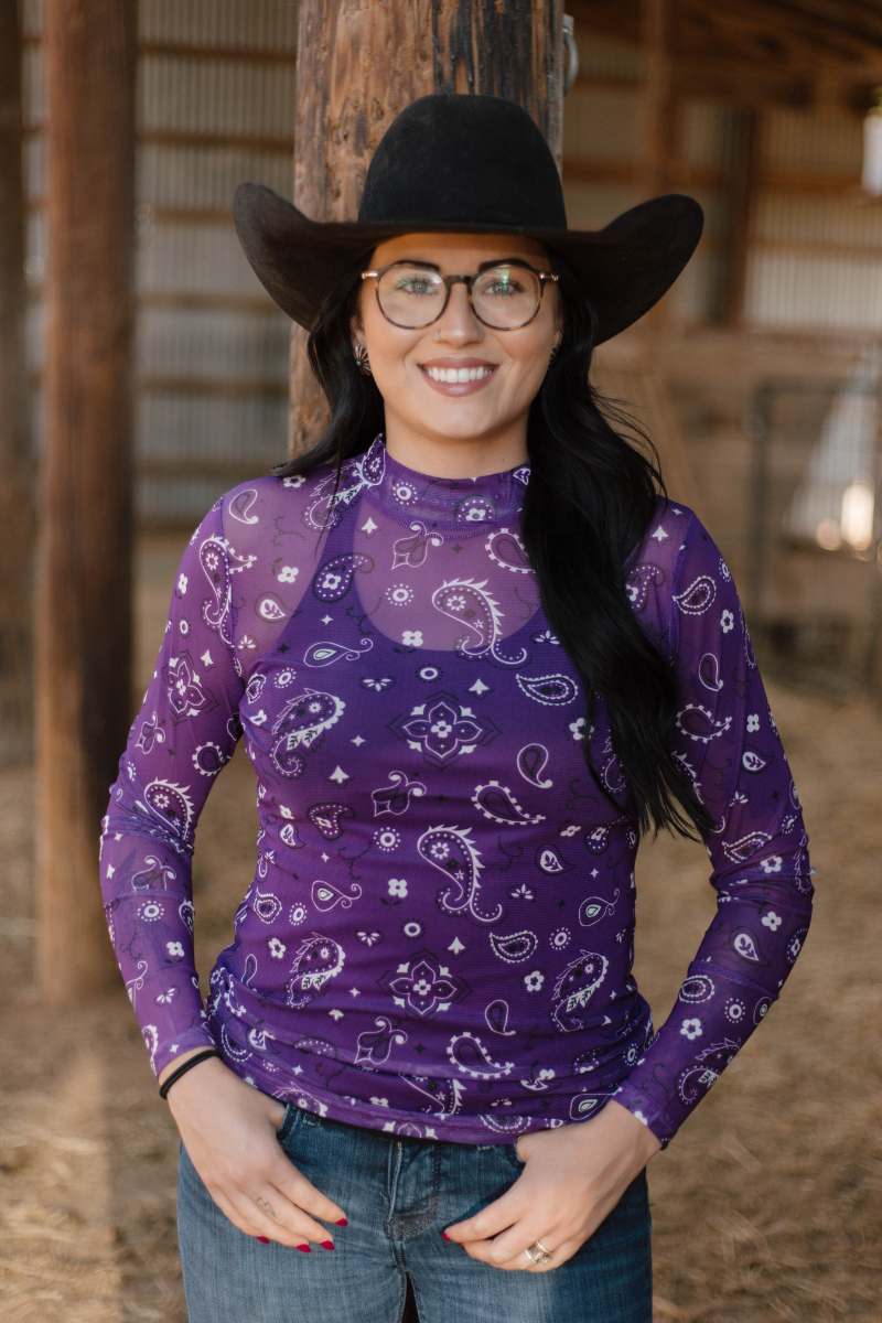 Purple Western Paisley Mesh Top | Boutique Cowgirl Outfit | Sheer Long Sleeve Western Shirt | Rodeo Style Top for Women