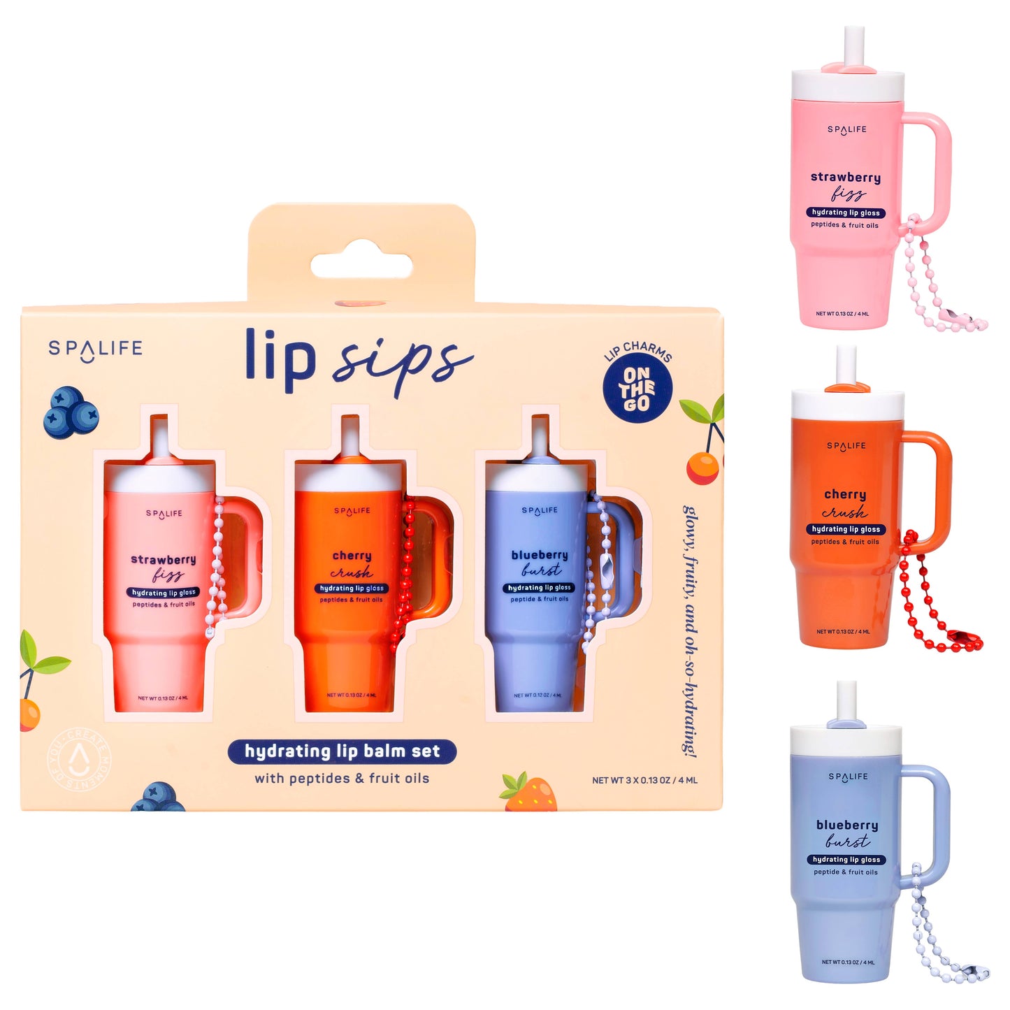 Lip Sips tumbler cup lip balm gift set trio in strawberry, cherry and blueberry