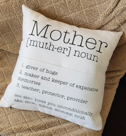 Mother Definition Pillow – 18” Reading Pillow with Pocket & Insert | Mother’s Day Gift | Mom Decor