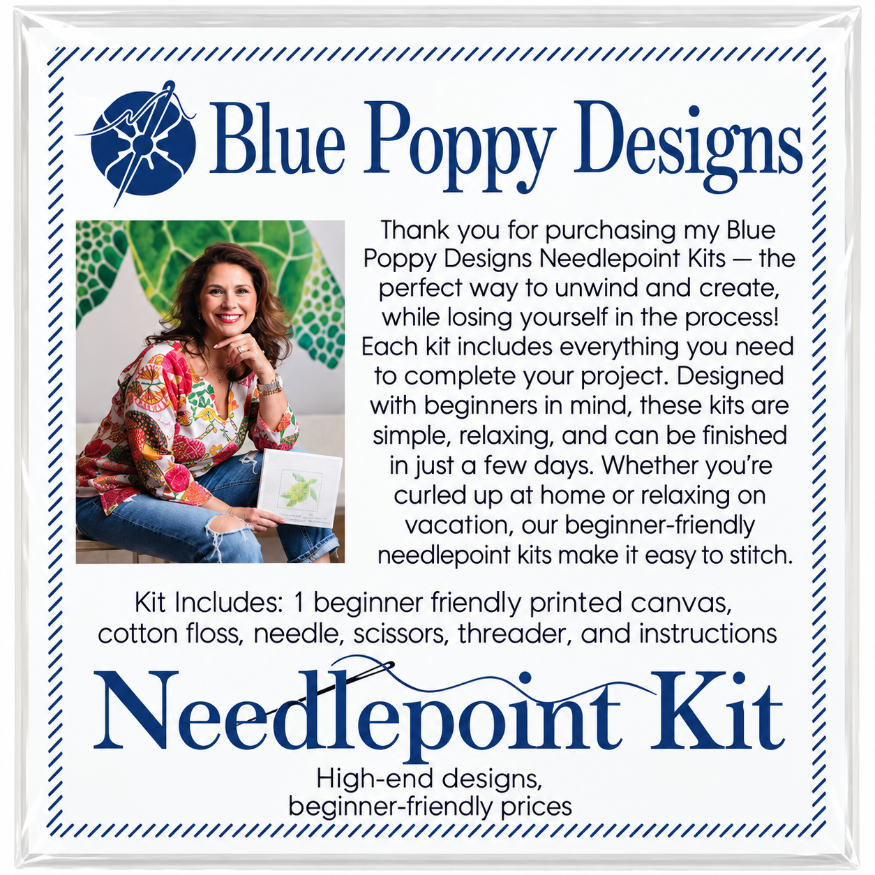 Blue Poppy Designs beginner needlepoint kit packaging – canvas, floss, needle, scissors, threader and instructions included