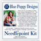 Blue Poppy Designs beginner needlepoint kit packaging – canvas, floss, needle, scissors, threader and instructions included