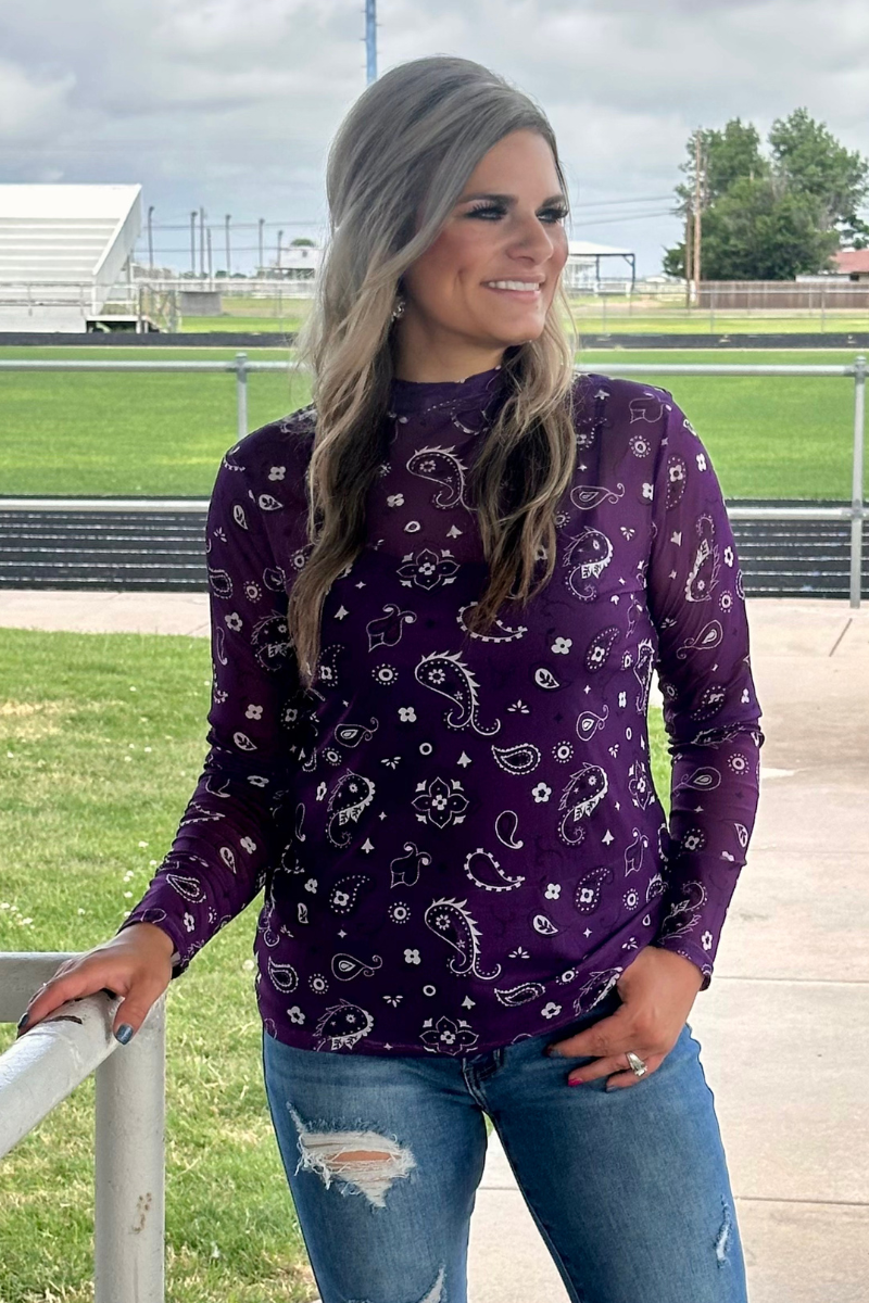 Purple Western Paisley Mesh Top | Boutique Cowgirl Outfit | Sheer Long Sleeve Western Shirt | Rodeo Style Top for Women