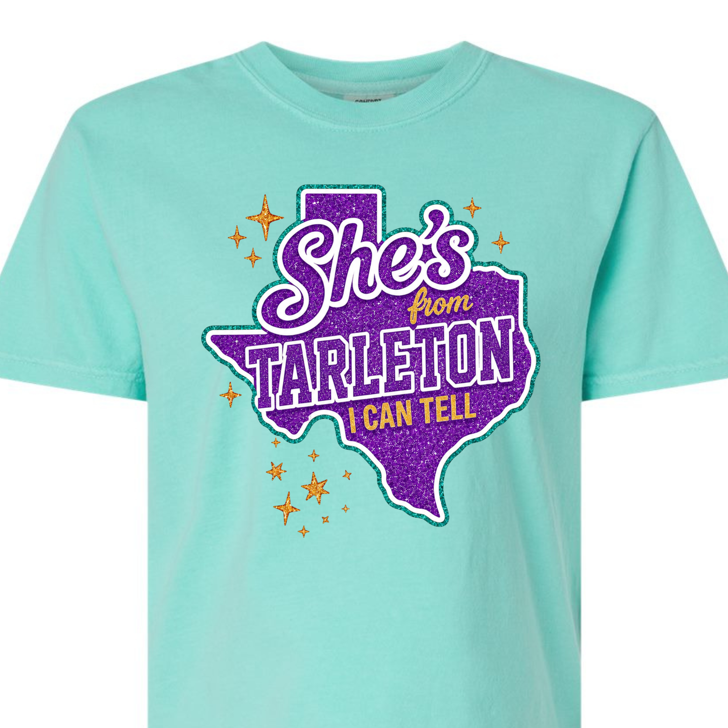 Comfort Colors® Boxy Tee – “She’s From Tarleton I Can Tell” Graphic T-Shirt | Orchid, Pepper & Chalky Mint