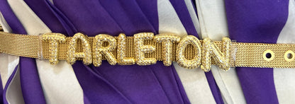 Tarleton Gold Letter Bracelet – Sparkly Rhinestone Charm on Gold Mesh Band | Optional Twirly Purple & White Scarf Add-On