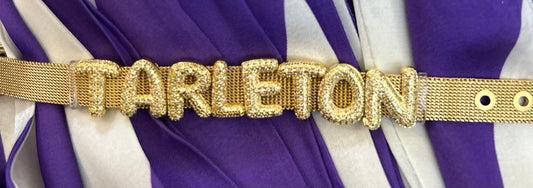 Tarleton Gold Letter Bracelet – Sparkly Rhinestone Charm on Gold Mesh Band | Optional Twirly Purple & White Scarf Add-On