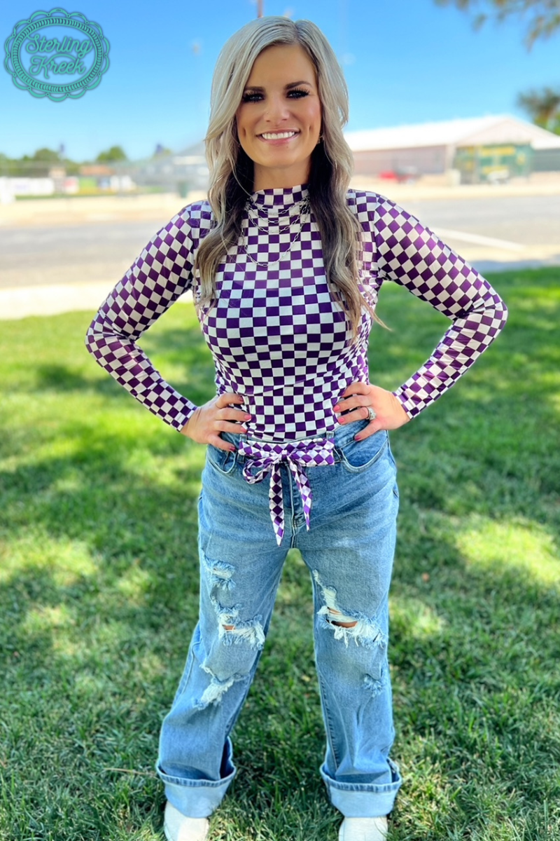 Spirit Wear Mesh Top – Purple & White Checkered | Game Day Outfit | Breathable Long Sleeve