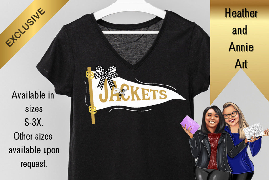 Cleburne High School Yellow Jackets V-Neck Shirt | Black & Gold Pennant Design | Heather and Annie Art Exclusive