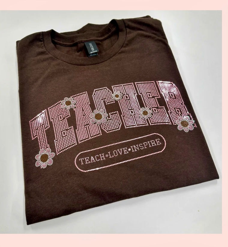 Spangles Teacher T-Shirt – Brown Tee with Daisies & Pink Bling | Teach Love Inspire Shirt