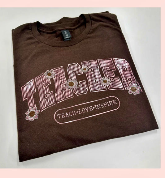 Spangles Teacher T-Shirt – Brown Tee with Daisies & Pink Bling | Teach Love Inspire Shirt