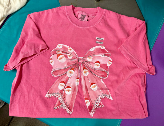 Pink Santa Bow Comfort Colors Tee – Christmas Ribbon Bow Graphic T-Shirt