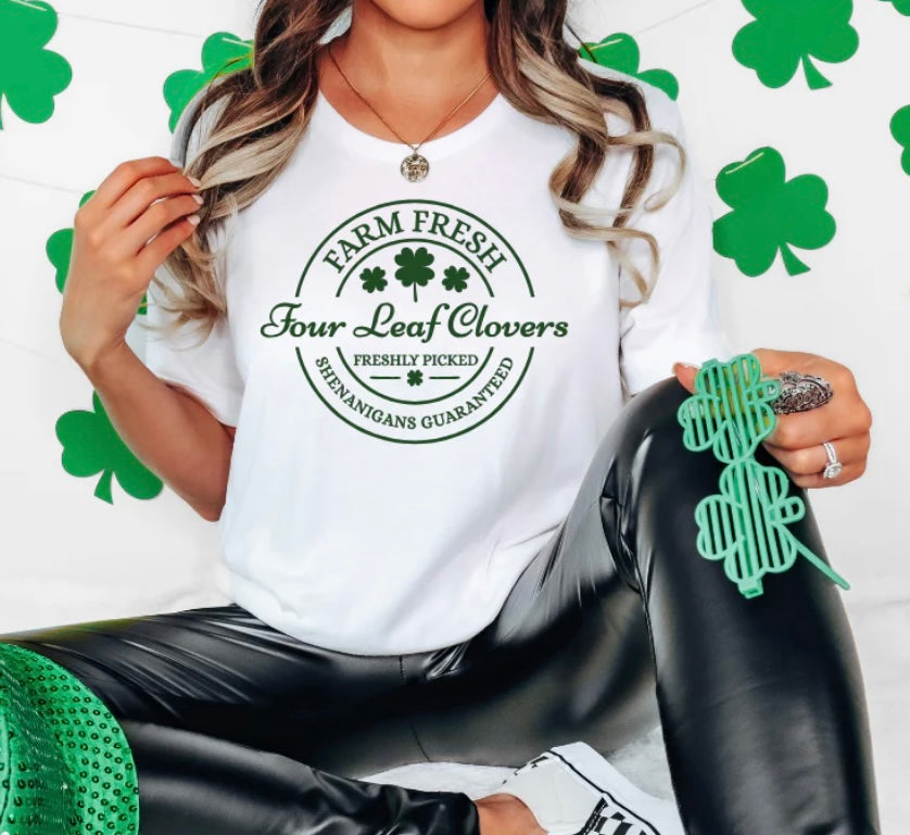 🍀 Farm Fresh Four Leaf Clovers Shirt – Shenanigans Guaranteed – St. Patrick’s Day Graphic Tee