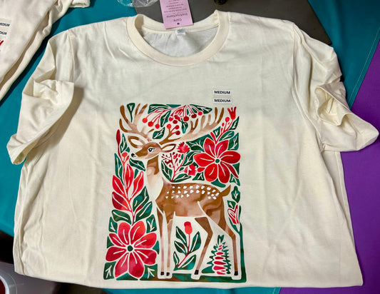 Floral Reindeer Christmas Tee – Watercolor Deer & Botanical Holiday T-Shirt