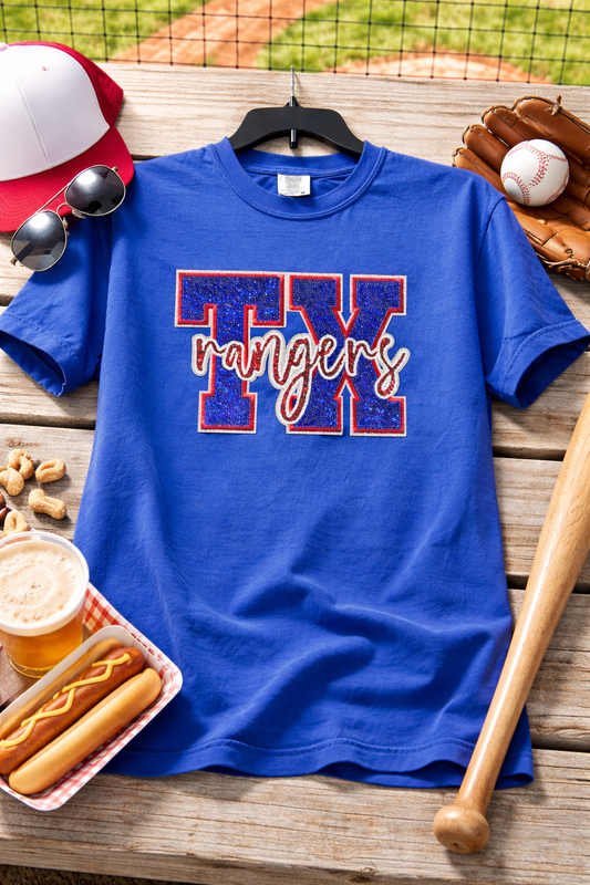 Texas Rangers Inspired TX Game Day Shirt | Glitter TX Baseball Tee | Texas Baseball Fan Shirt | Red White Blue Game Day Tee