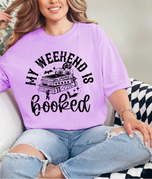 My Weekend Is Booked Shirt | Funny Book Lover Tee | Reading Weekend Graphic | Lavender Comfort Colors | Cozy Reader Gift