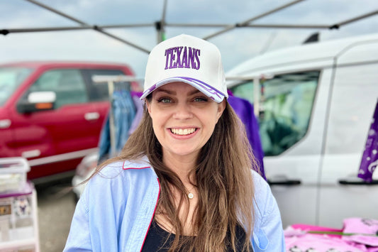 Texans Embroidered Baseball Cap – Purple & White Polka Dot Brim | Adjustable | Exclusive Heather & Annie Art Boutique Hat