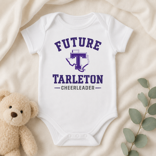 Future Tarleton Cheerleader Baby Onesie – Licensed Tarleton Infant Bodysuit – Purple & White Baby Gift for Future Texans