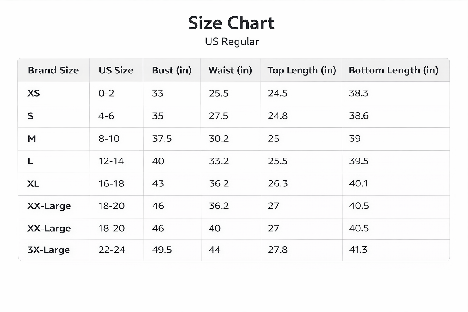 Size chart for US Regular clothing sizes with brand size, US size, bust, waist, top length, and bottom length measurements.