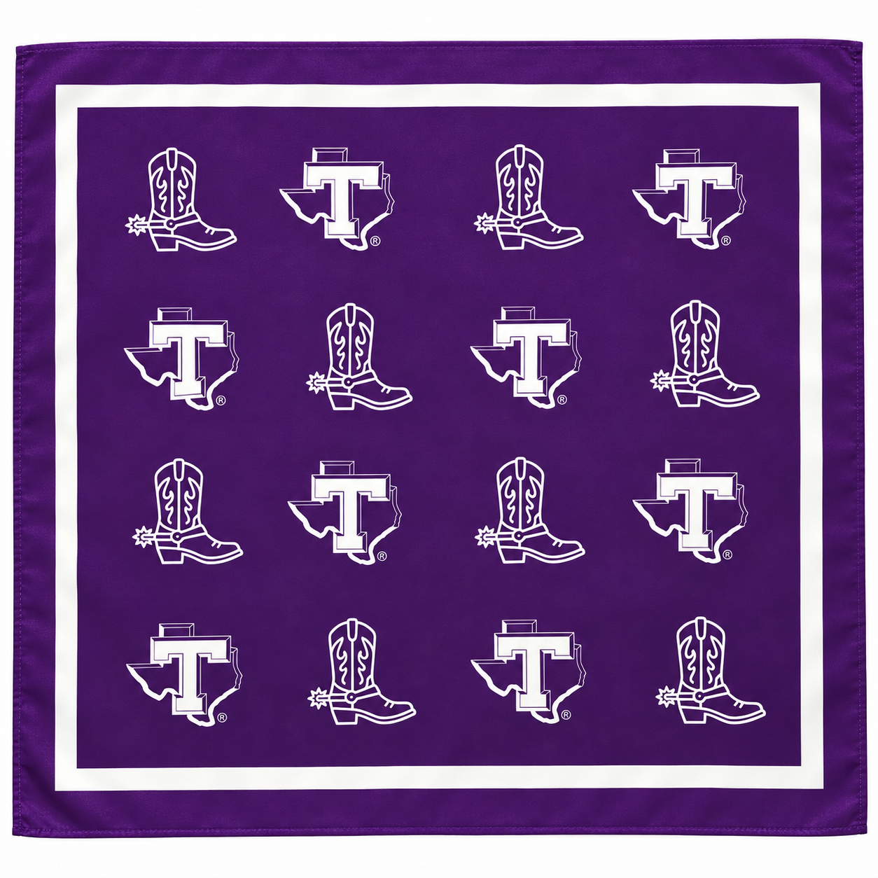 Licensed Tarleton State University Silk Scarf – 22" x 22" Purple Cowboy Boot & T-Texas Logo Bandana Scarf