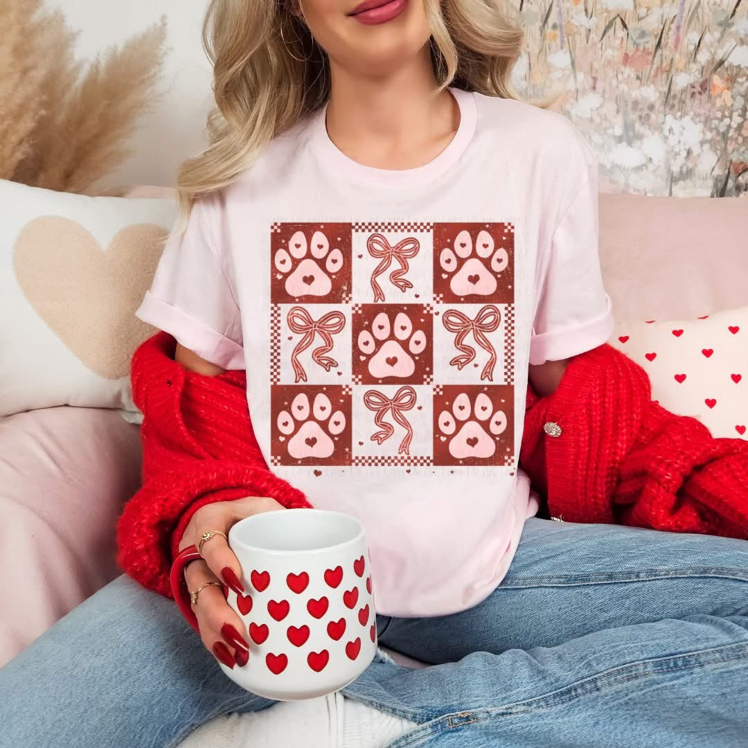 Valentine Paw Print Patchwork T-Shirt – Cute Dog Lover Valentine Graphic Tee