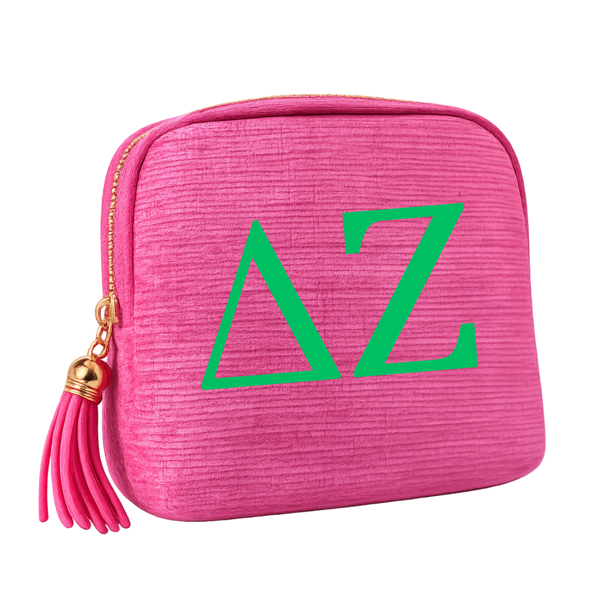 Licensed Delta Zeta Jewelry Travel Case | Pink Velvet Jewelry Organizer with Tassel | Official Sorority Travel Jewelry Holder