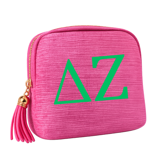 Licensed Delta Zeta Jewelry Travel Case | Pink Velvet Jewelry Organizer with Tassel | Official Sorority Travel Jewelry Holder