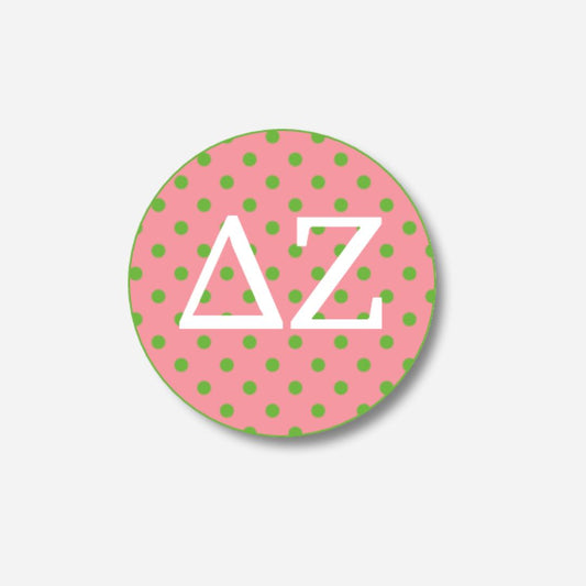 Licensed Delta Zeta 2.25" Pink & Green Polka Dot Button Pin | Sorority Button