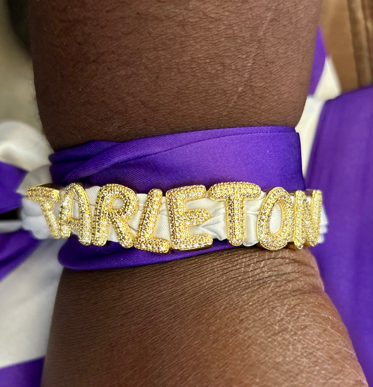 Tarleton Gold Letter Bracelet – Sparkly Rhinestone Charm on Gold Mesh Band | Optional Twirly Purple & White Scarf Add-On