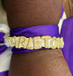 Tarleton Gold Letter Bracelet – Sparkly Rhinestone Charm on Gold Mesh Band | Optional Twirly Purple & White Scarf Add-On