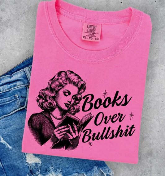 Books Over Bullshit Retro Reading Shirt | Funny Book Lover Graphic Tee | Comfort Colors Pink | Vintage Reader Aesthetic