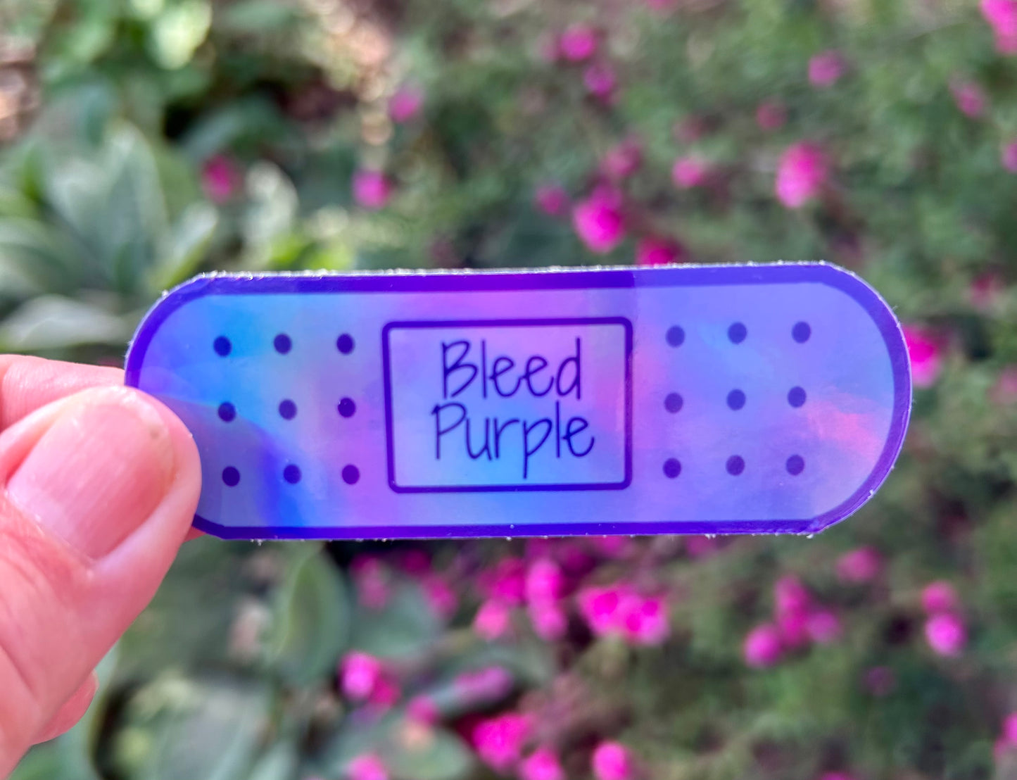 Bleed Purple Holographic Sticker – 3” x 1.04” Bandage Design | Tarleton-Inspired Vinyl Decal