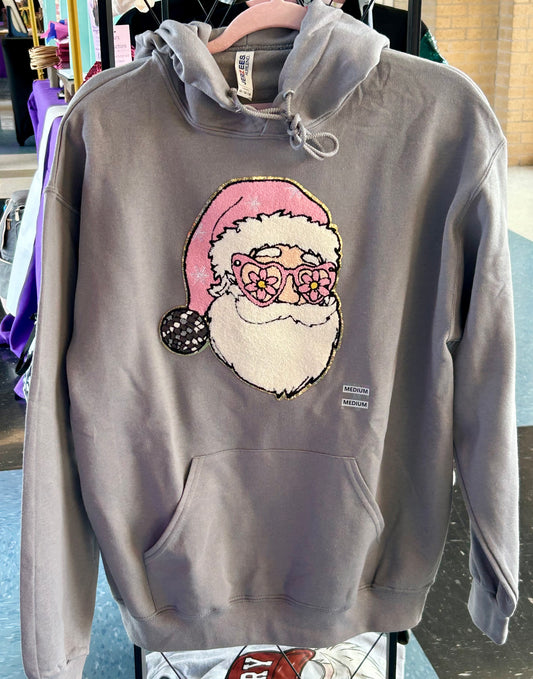 Pink Santa Chenille Patch Hoodie – Sparkly Holiday Santa Sweatshirt