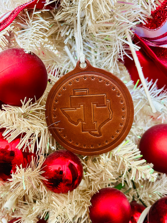 Tarleton Leather Ornament – 4” Stamped Genuine Leather | Licensed & Approved Tarleton Decor | Texans Christmas Ornament