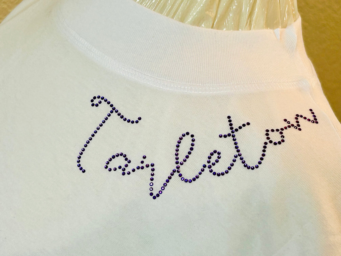 Tarleton Script Rhinestone Shoulder Tee – White Cropped Spirit Shirt | Licensed Tarleton Apparel