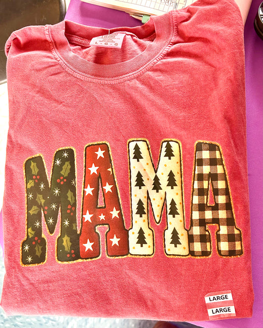 MAMA Christmas T-shirt | Festive Holiday Mom Shirt | Patterned Letter Holiday Crewneck