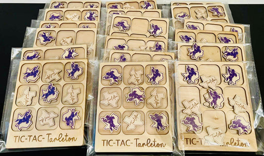 Tarleton Wooden Tic-Tac-Toe Game • Licensed TSU Gift • 5x6 Wood Board • Texans Cowboy & Texas Shape Game Pieces • Handmade Game • Tarleton Decor Gift