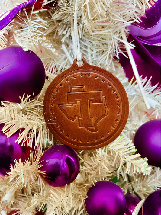 Tarleton Leather Ornament – 4” Stamped Genuine Leather | Licensed & Approved Tarleton Decor | Texans Christmas Ornament