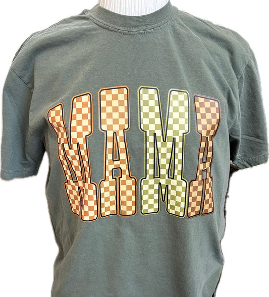 Retro Checkered MAMA Shirt – Vintage Fall Colors – Trendy Comfort Colors Tee for Moms