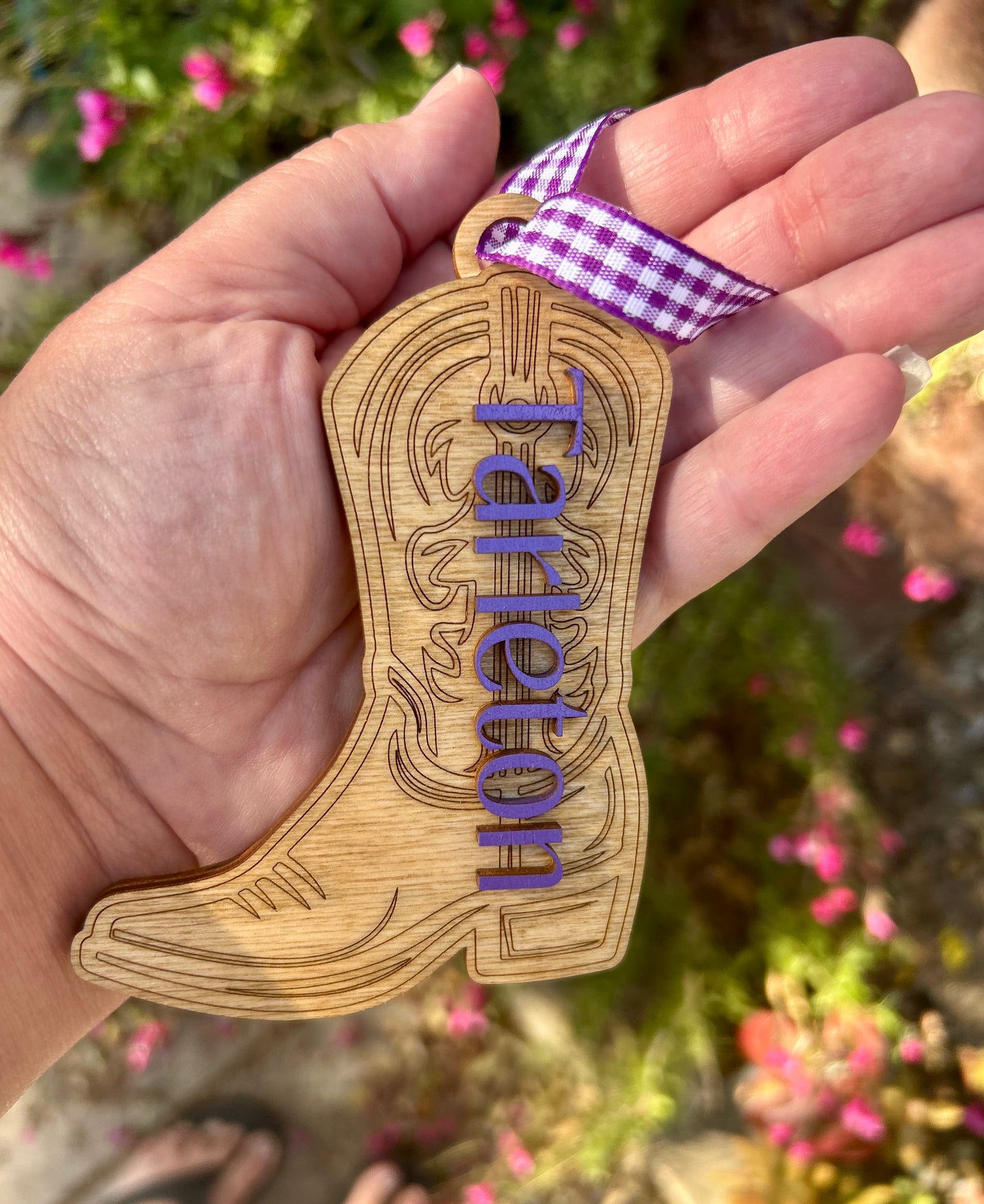 Tarleton Wooden Boot Ornament – 4” Laser-Cut Western Christmas Ornament with Purple Accent and Gingham Ribbon
